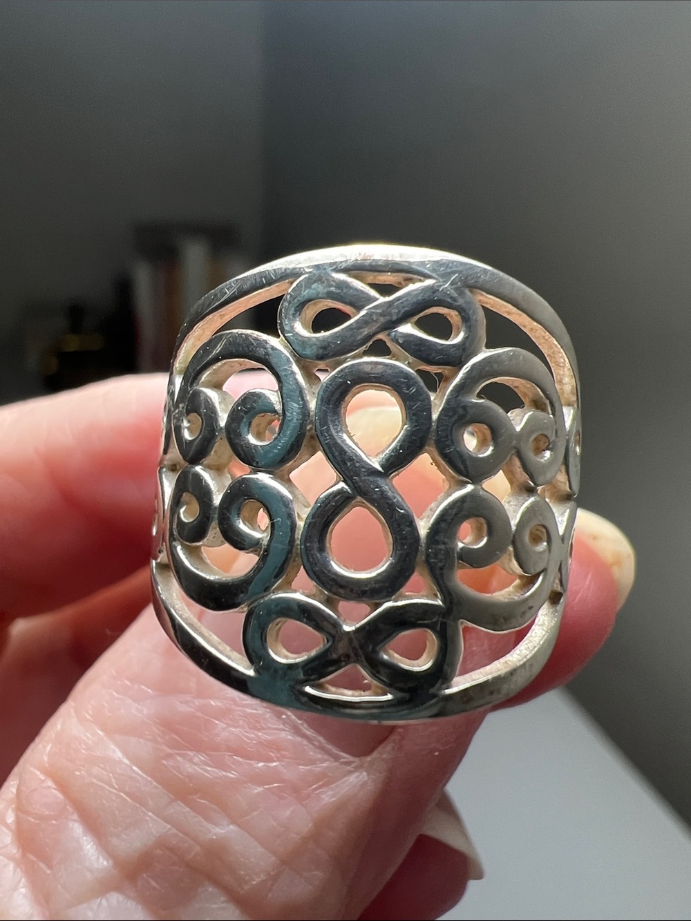 Sparkly Silver Tone Openwork Scroll Wide Band Ring - Vintage